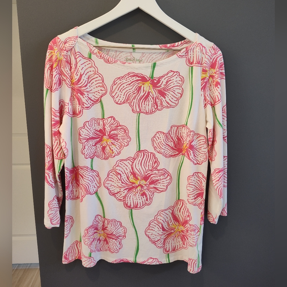 Lilly Pulitzer Andie boatneck top resort white clover print size L